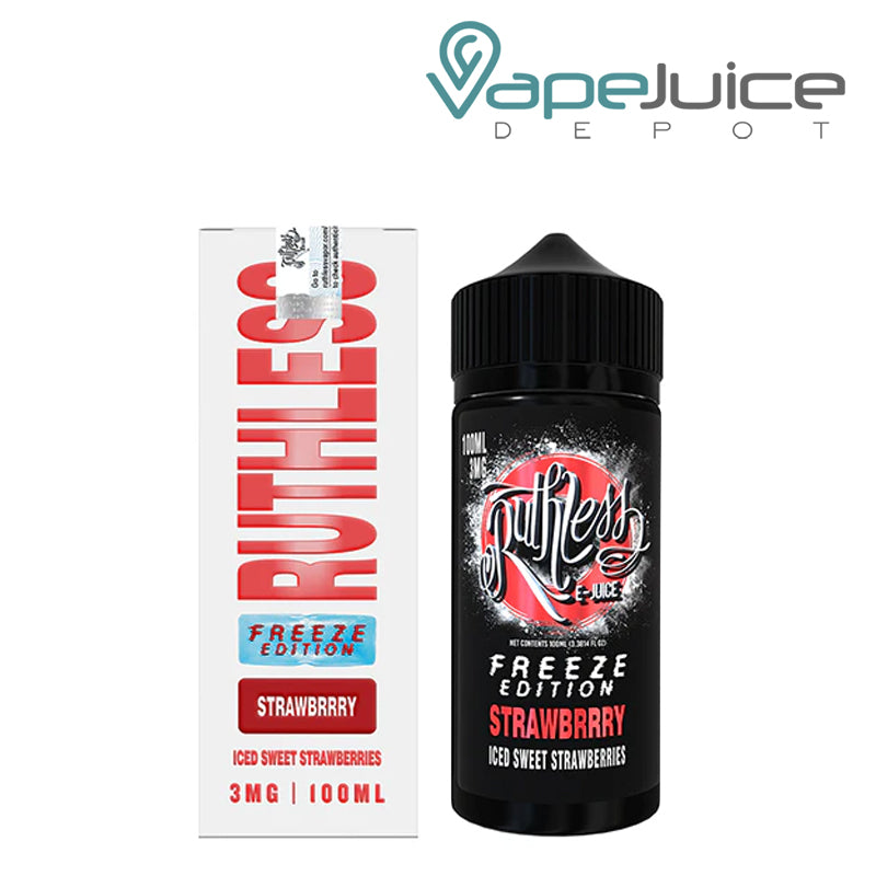 A box of Strawberry Ruthless Freeze Edition and 100ml bottle next to it - Vape Juice Depot