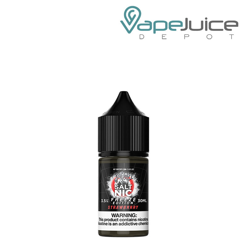 A 30ml bottle of Strawberry Ruthless Freeze Salt with a warning sign - Vape Juice Depot