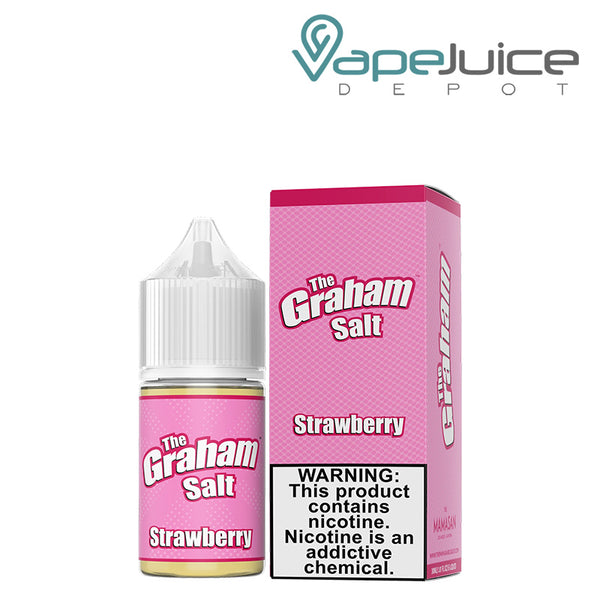 A 30ml bottle of Strawberry Salt The Graham Mamasan and a box with a warning sign next to it - Vape Juice Depot