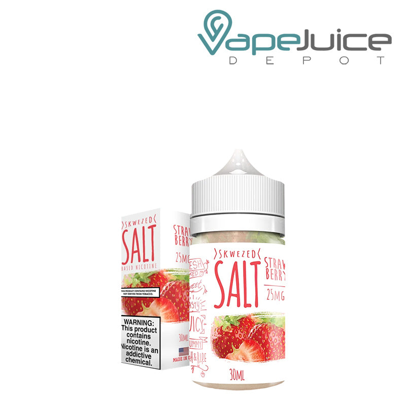 A box of Strawberry Skwezed Salt with a warning sign and a 30ml bottle next to it - Vape Juice Depot