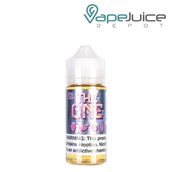 A 100ml bottle of Strawberry The One eLiquid with a warning sign - Vape Juice Depot