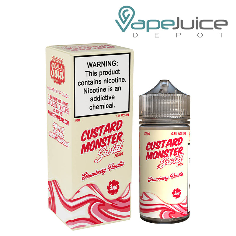 A Box of 3mg Strawberry Vanilla Custard Monster Swirl with a warning sign and a 100ml bottle next to it - Vape Juice Depot