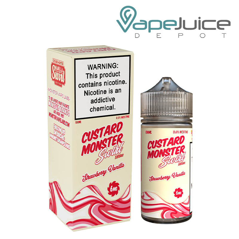 A Box of 6mg Strawberry Vanilla Custard Monster Swirl with a warning sign and a 100ml bottle next to it - Vape Juice Depot