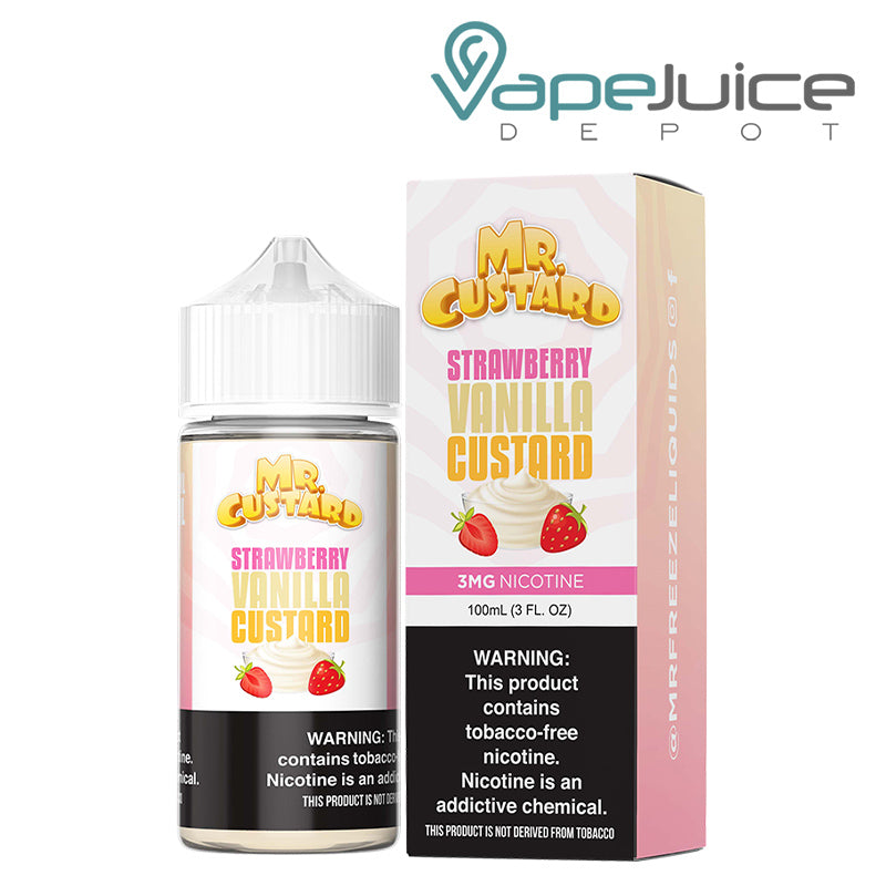 A 100ml bottle of Strawberry Vanilla Custard Mr Custard and a box with a warning sign next to it - Vape Juice Depot