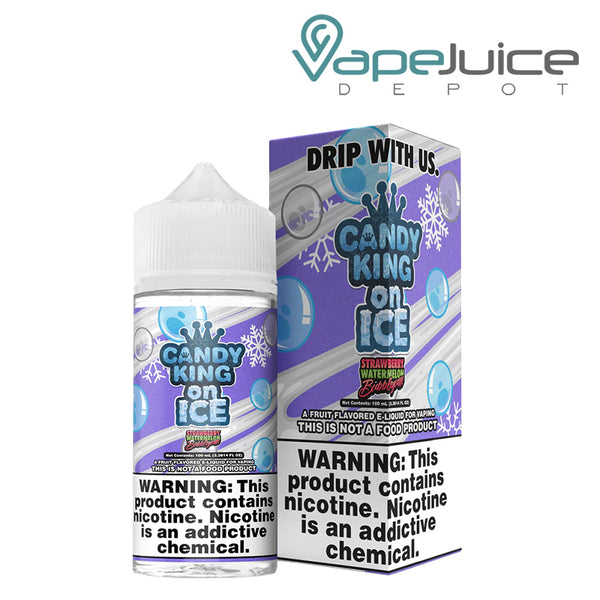 A 100ml bottle of Strawberry Watermelon BubbleGum On Ice Candy King and a box with a warning sign next to it - Vape Juice Depot