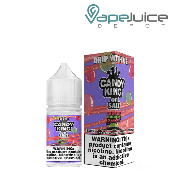 A 30ml bottle of Strawberry Watermelon Bubblegum Candy King On Salt and a box with a warning sign next to it - Vape Juice Depot