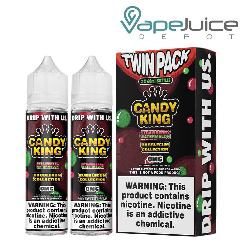 Two 60ml bottles of Strawberry Watermelon Candy King Bubblegum and a box with a warning sign next to it - Vape Juice Depot