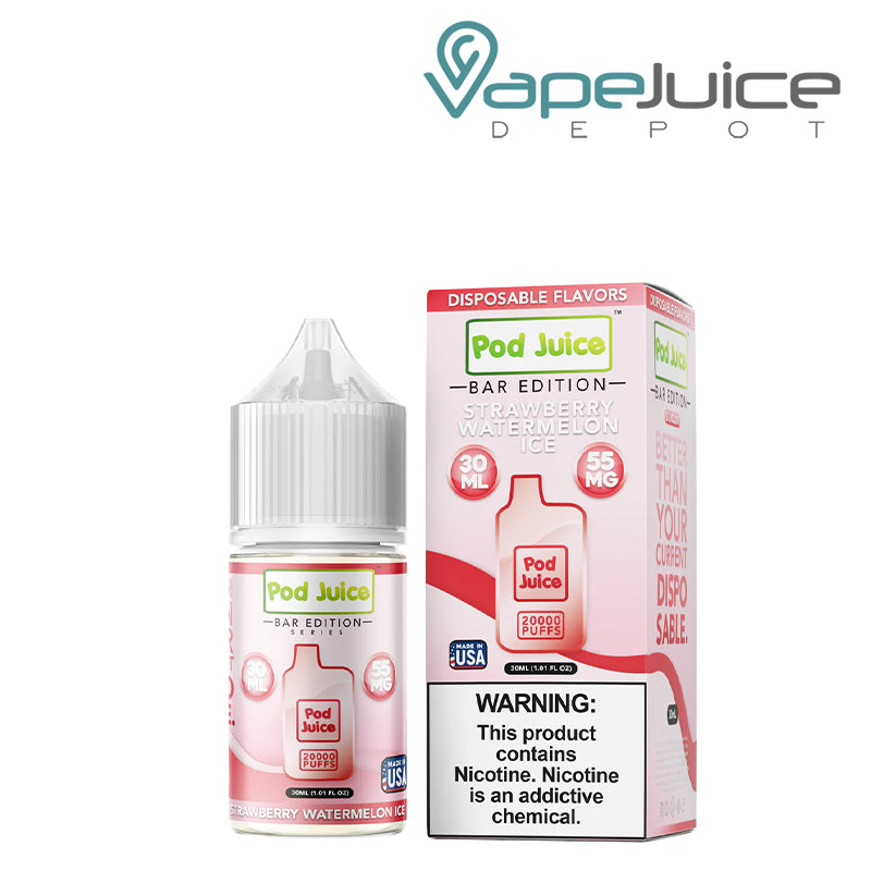 A 30ml bottle of Strawberry Watermelon Ice Pod Juice Bar Edition Salt and a box with a warning sign next to it - Vape Juice Depot
