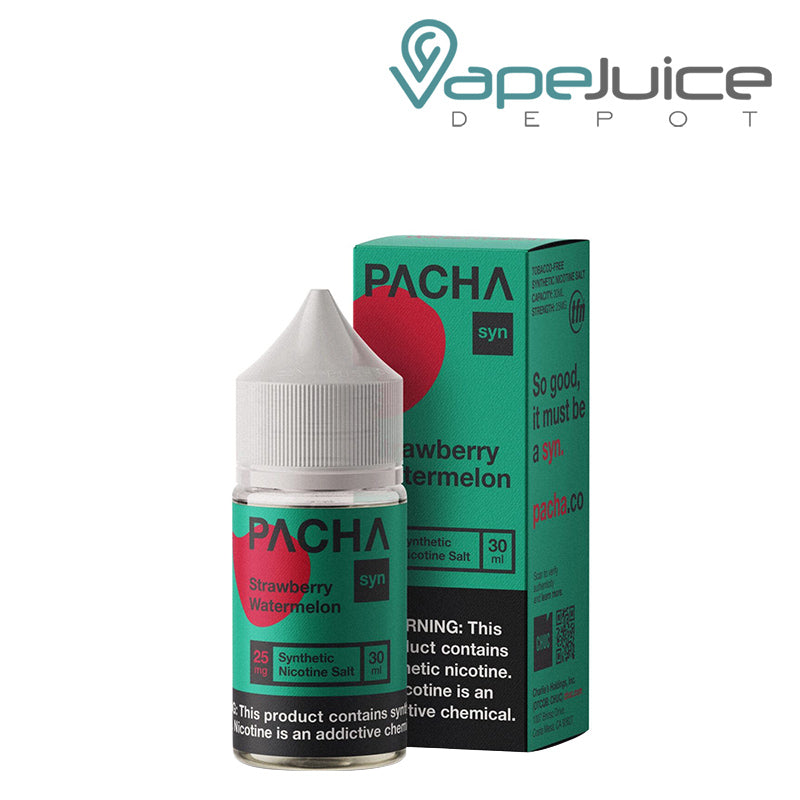 A 30ml bottle of Strawberry Watermelon PachaMama Salts and a box with a warning sign next to it - Vape Juice Depot