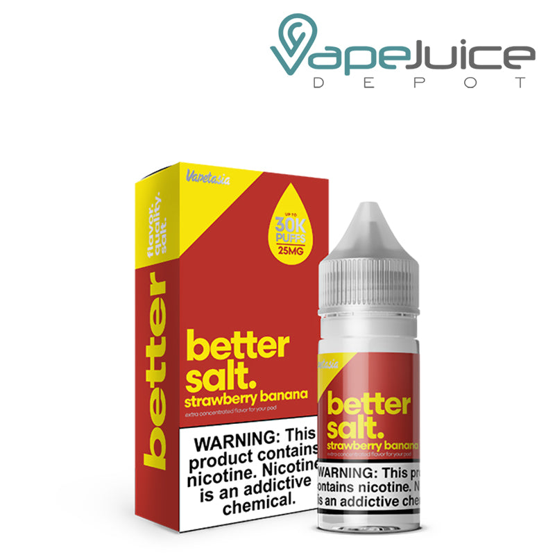 A box of Strawberry Banana Vapetasia Better Salt with a warning sign and a 30ml bottle next to it - Vape Juice Depot