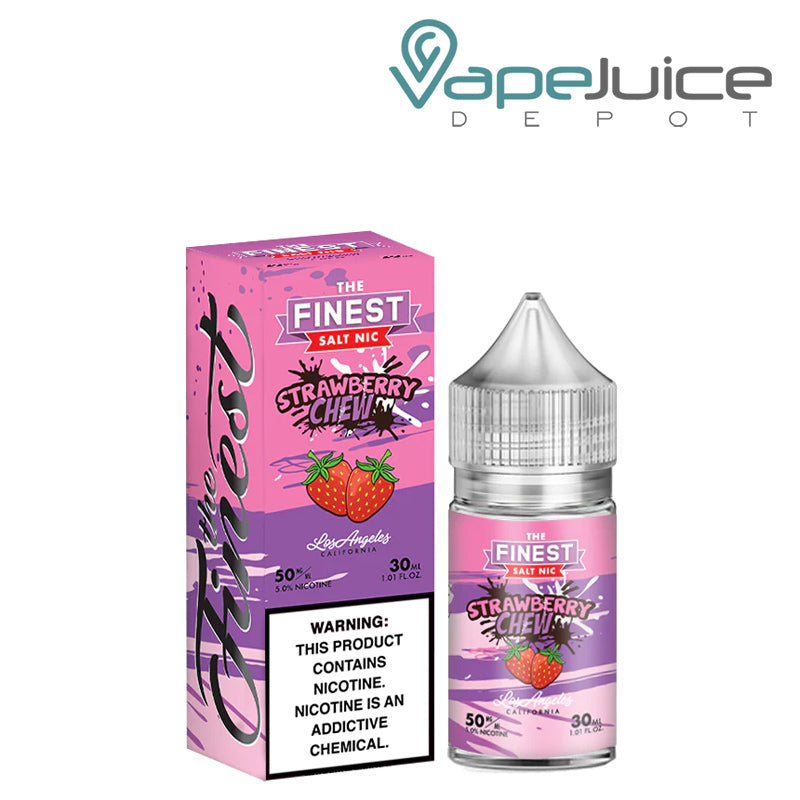 A box of Strawberry Chew Finest SaltNic Series with a warning sign and a 30ml bottle next to it - Vape Juice Depot