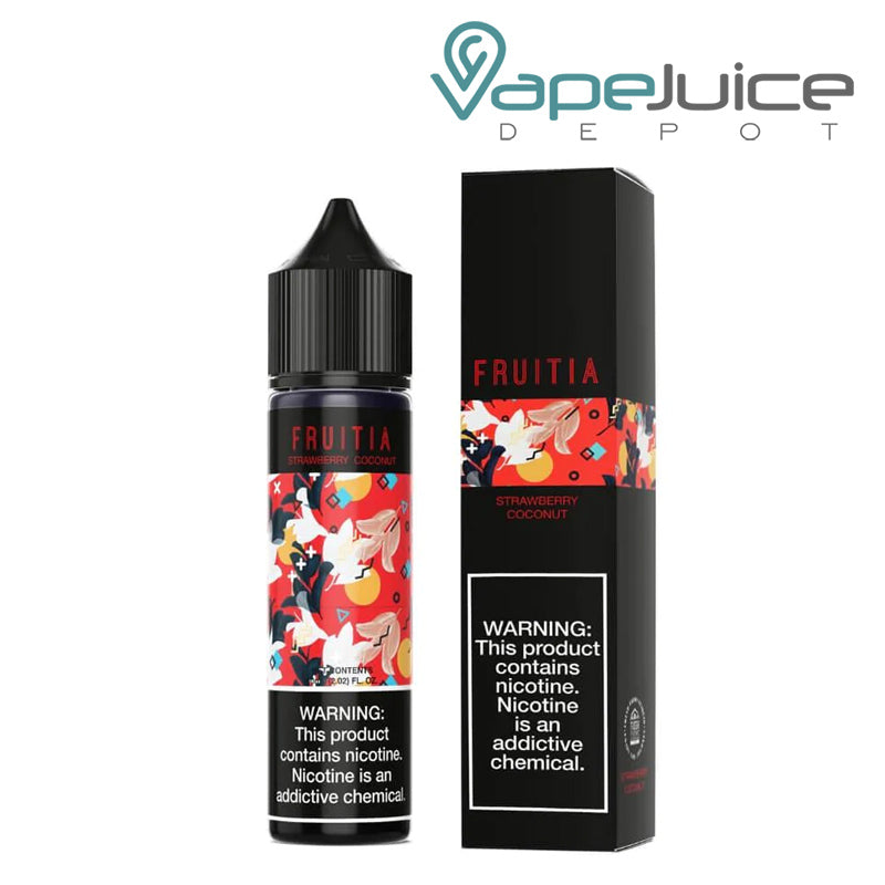 A 60ml bottle of Strawberry Coconut Fruitia Fresh Farms with a warning sign and a box next to it - Vape Juice Depot