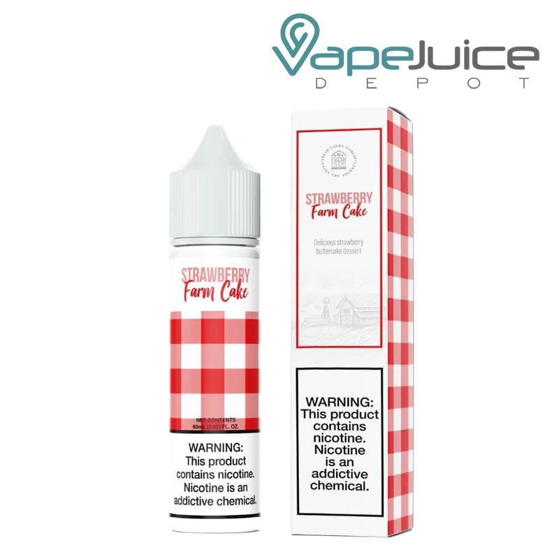 A 60ml bottle of Strawberry Farm Cake Fresh Farms with a warning sign and a box next to it - Vape Juice Depot