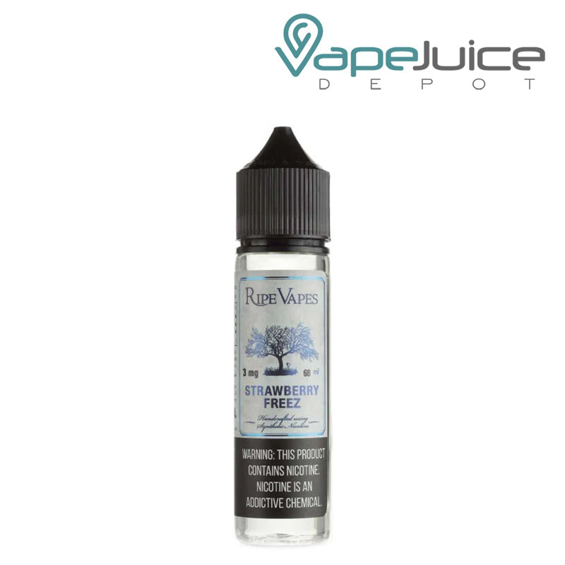 A 60ml bottle of Strawberry Freez Ripe Vapes eLiquid with a warning sign - Vape Juice Depot