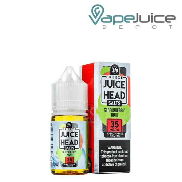 A bottle of Strawberry Kiwi TFN Salts Juice Head Freeze 30ml and a box with a warning sign next to it - Vape juice Depot
