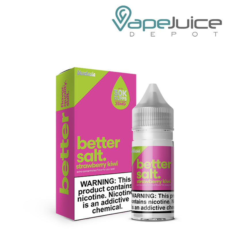 A box of Strawberry Kiwi Vapetasia Better Salt with a warning sign and a 30ml bottle next to it - Vape Juice Depot