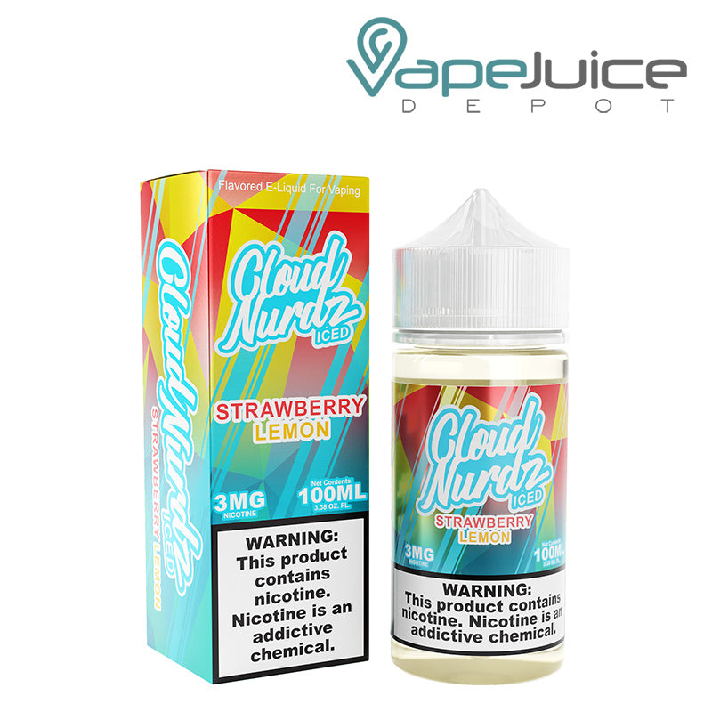 A box of ICED Strawberry Lemon Cloud Nurdz and a 100ml bottle with a warning sign next to it - Vape Juice Depot