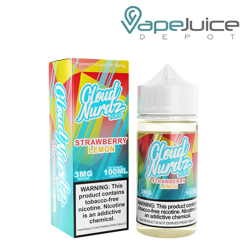 A box of ICED Strawberry Lemon Cloud Nurdz synthetic and a 100ml bottle with a warning sign next to it - Vape Juice Depot