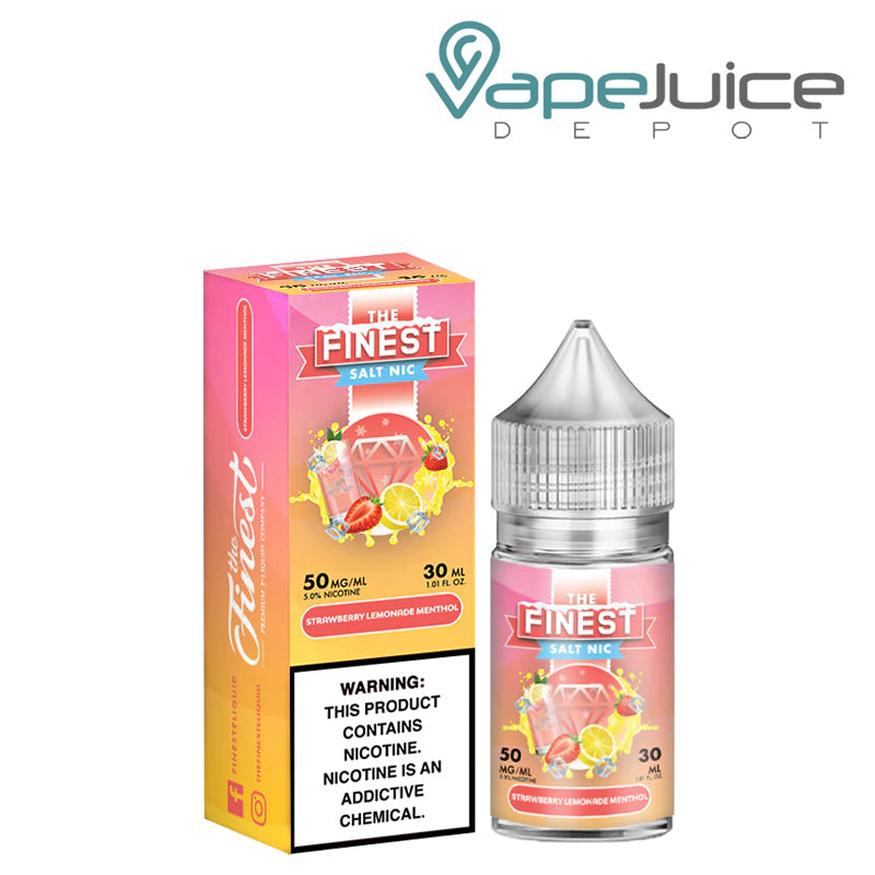 A box of Strawberry Lemonade Menthol Finest SaltNic Series with a warning sign and a 30ml bottle next to it - Vape Juice Depot