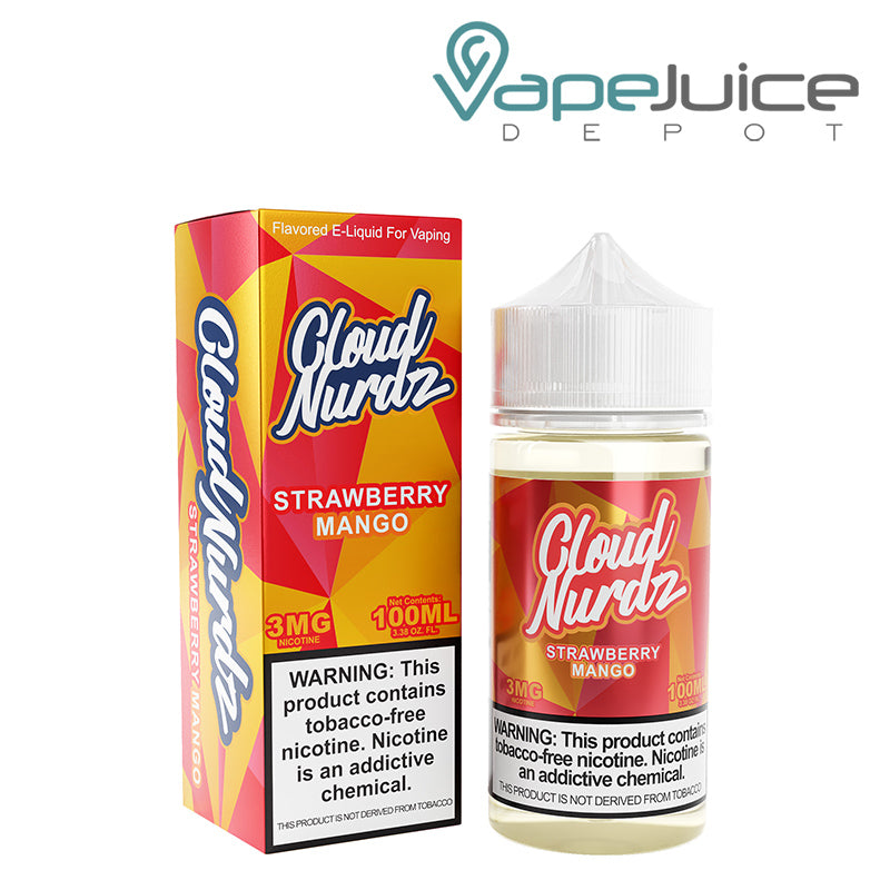 A box of Strawberry Mango TFN Cloud Nurdz and a 100ml bottle with a warning sign next to it - Vape Juice Depot