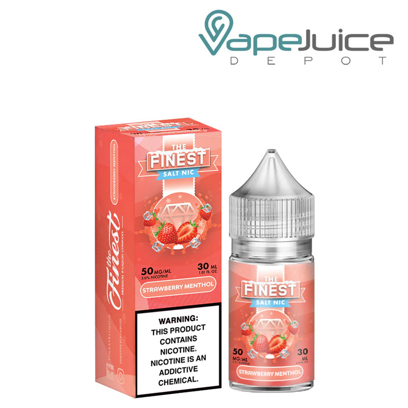 A box of Strawberry Menthol Finest SaltNic Series with a warning sign and a 30ml bottle next to it - Vape Juice Depot