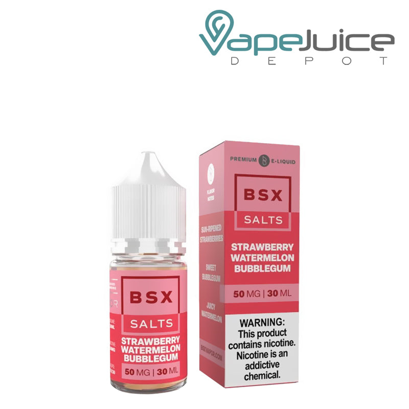 A 30ml bottle of Strawberry Watermelon Bubblegum BSX Salts and a box with a warning sign next to it - Vape Juice Depot