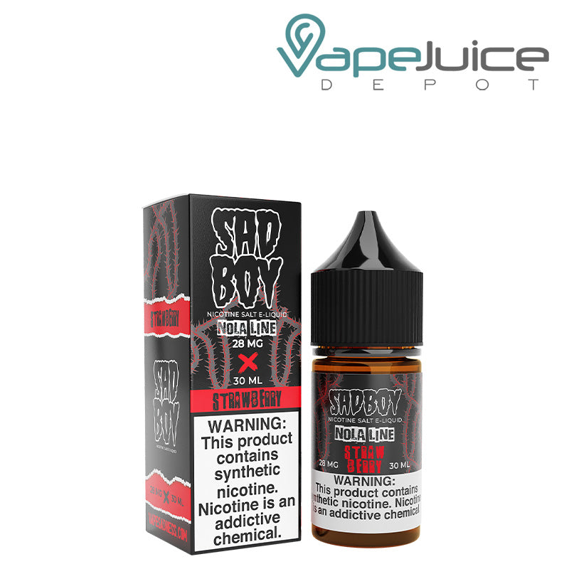 A box of Strawberry Nola Salt SadBoy eLiquid with a warning sign and a 30ml bottle next to it - Vape Juice Depot