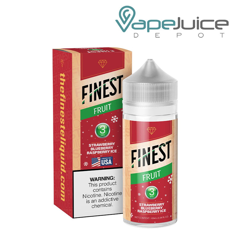 A Box of Strawberry Blueberry Raspberry Ice The Finest Fruit Edition with a warning sign and a 100ml 3mg bottle next to it - Vape Juice Depot