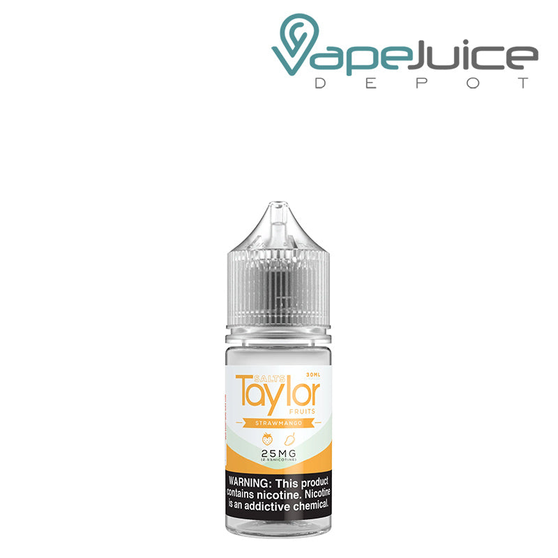 A 30ml bottle of Strawmango Taylor Salts with a warning sign - Vape Juice Depot