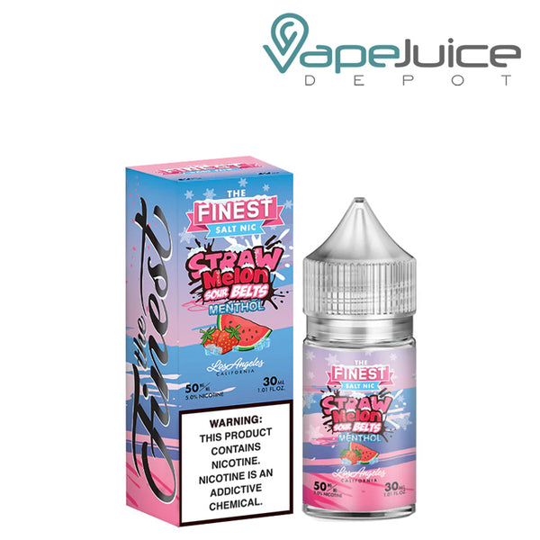 A box of Straw Melon Sour Menthol Finest SaltNic Series with a warning sign and a 30ml bottle next to it - Vape Juice Depot