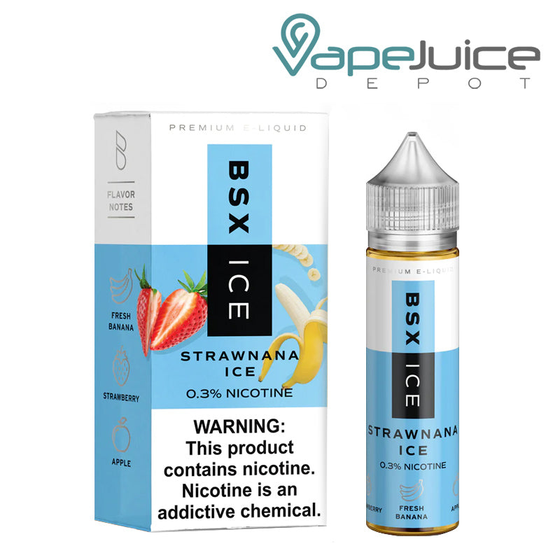 A box of Strawnana Ice Glas Basix TFN eLiquid with a warning sign and a 60ml bottle next to it - Vape Juice Depot