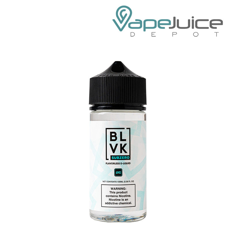 A 100ml bottle of Sub Zero BLVK eLiquid with a warning sign - Vape Juice Depot