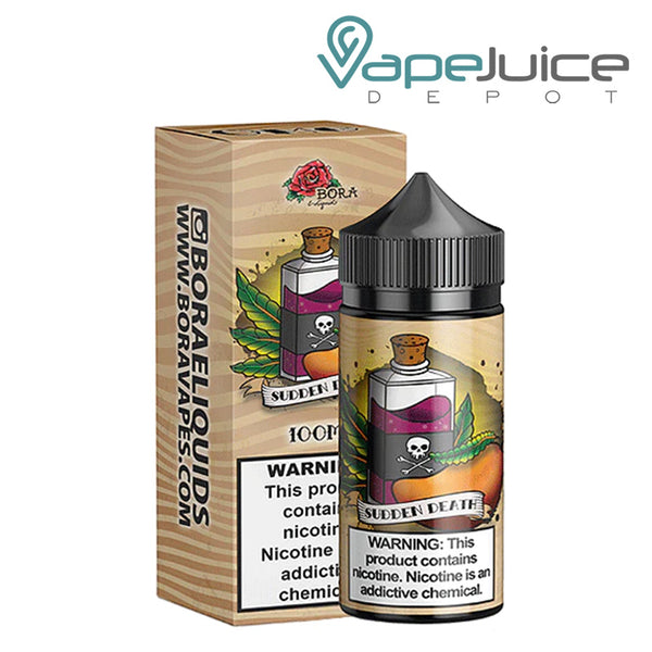 A box of Sudden Death Bora eLiquid with a warning sign and a 100ml bottle next to it - Vape Juice Depot