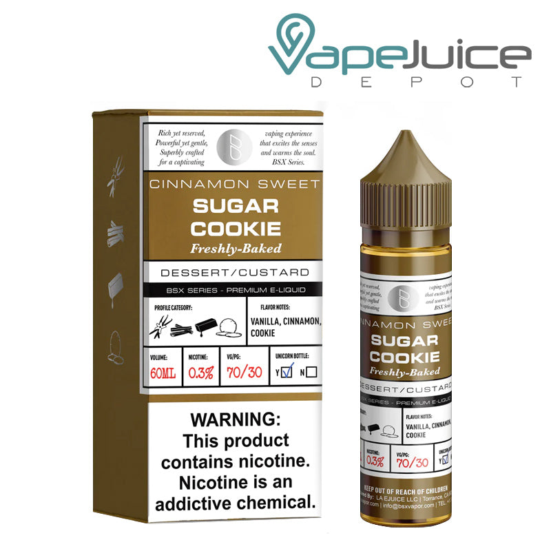 A box of Glas Basix Series Sugar Cookie Synthetic eLiquid with a warning sign and a 60ml bottle next to it - Vape Juice Depot