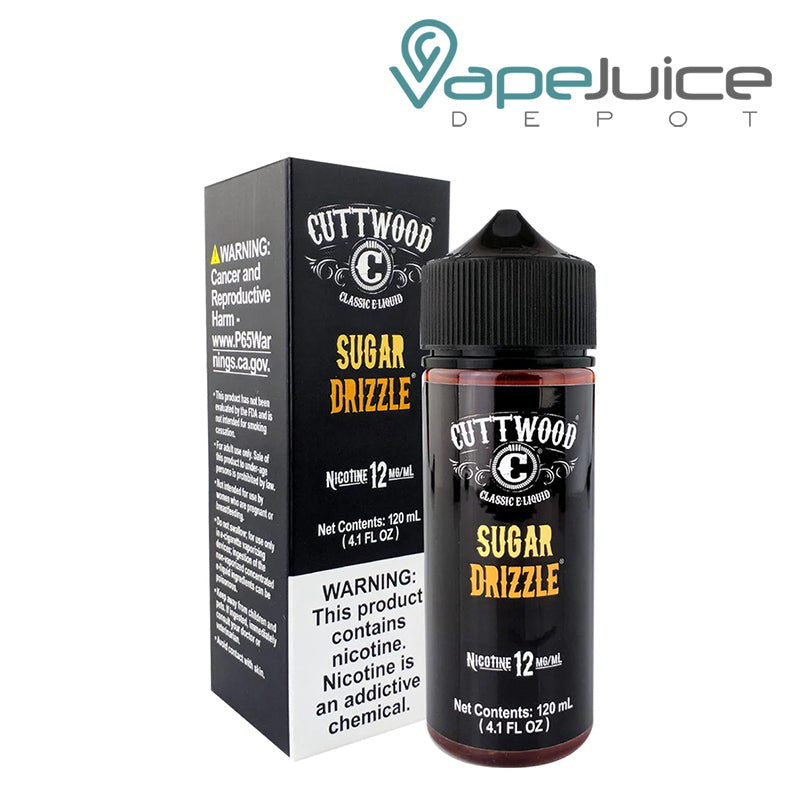 A box of Sugar Drizzle Cuttwood eLiquid with a warning sign and a 120ml bottle next to it - Vape Juice Depot