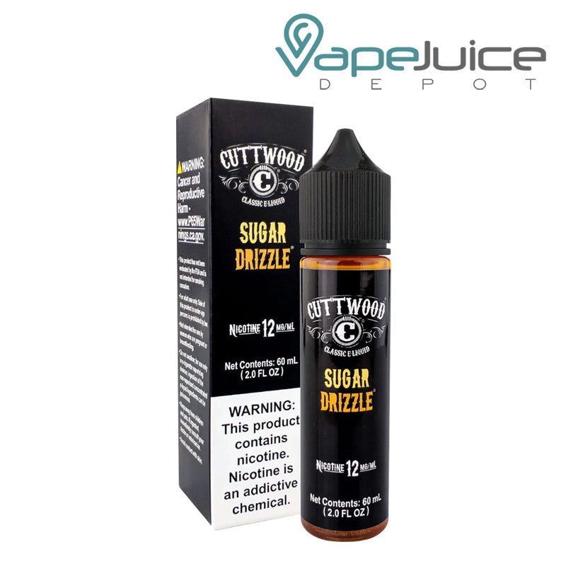 A box of Sugar Drizzle Cuttwood eLiquid with a warning sign and a 60ml bottle next to it - Vape Juice Depot