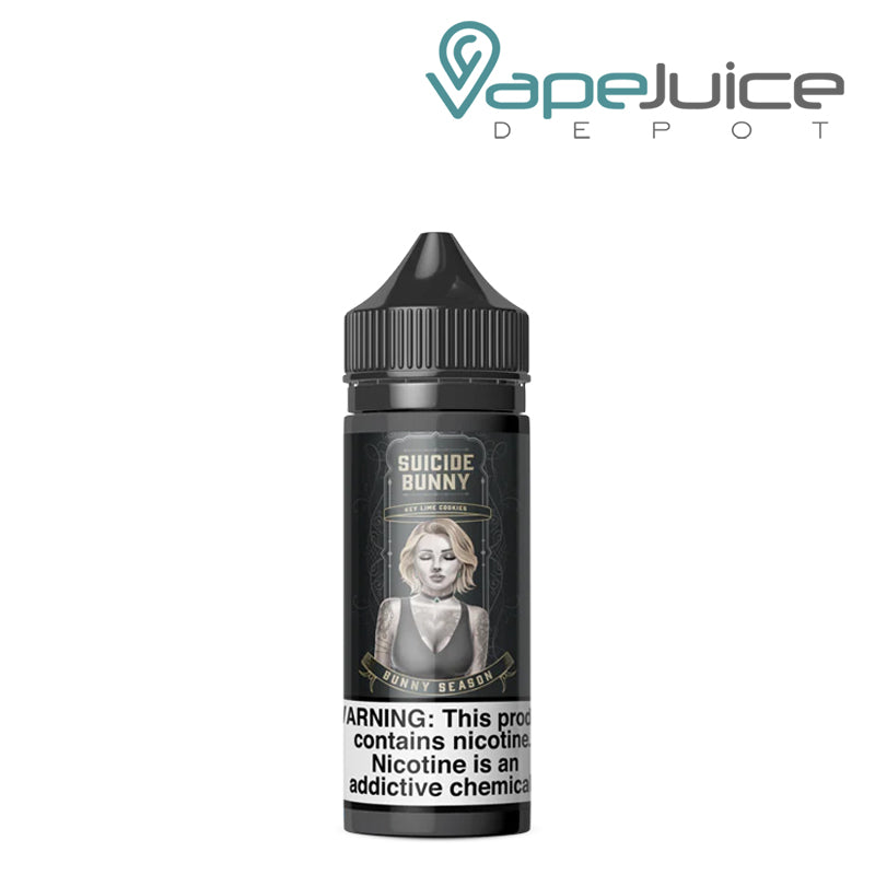 A 120ml bottle of Bunny Seasons Suicide Bunny  with a warning sign - Vape juice Depot