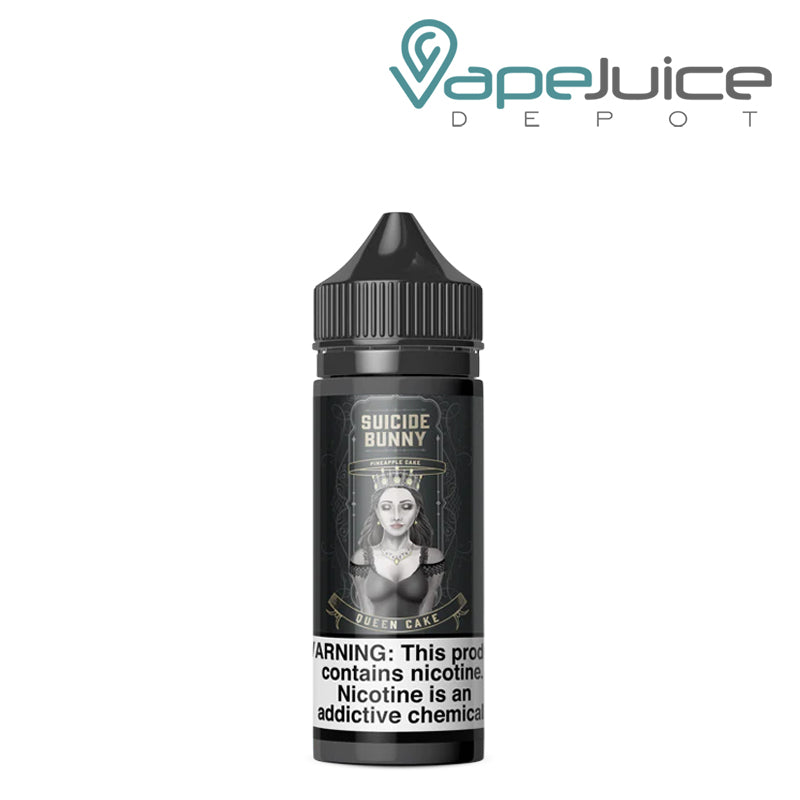 A 120ml bottle of Queen Cake Suicide Bunny with a warning sign - Vape Juice Depot