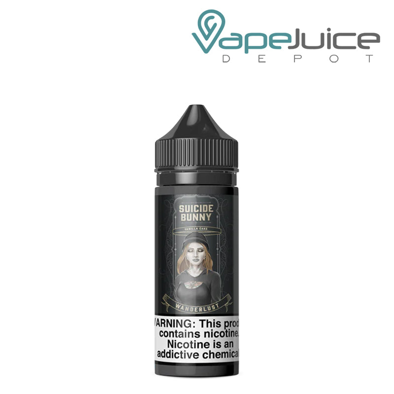 A 120ml bottle of Wanderlust Suicide Bunny with a warning sign - Vape Juice Depot