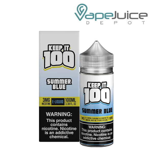 A box of Summer Blue (OG Summer Blue) Keep It 100 TFN eLiquid with a warning sign and a 100ml bottle next to it - Vape Juice Depot