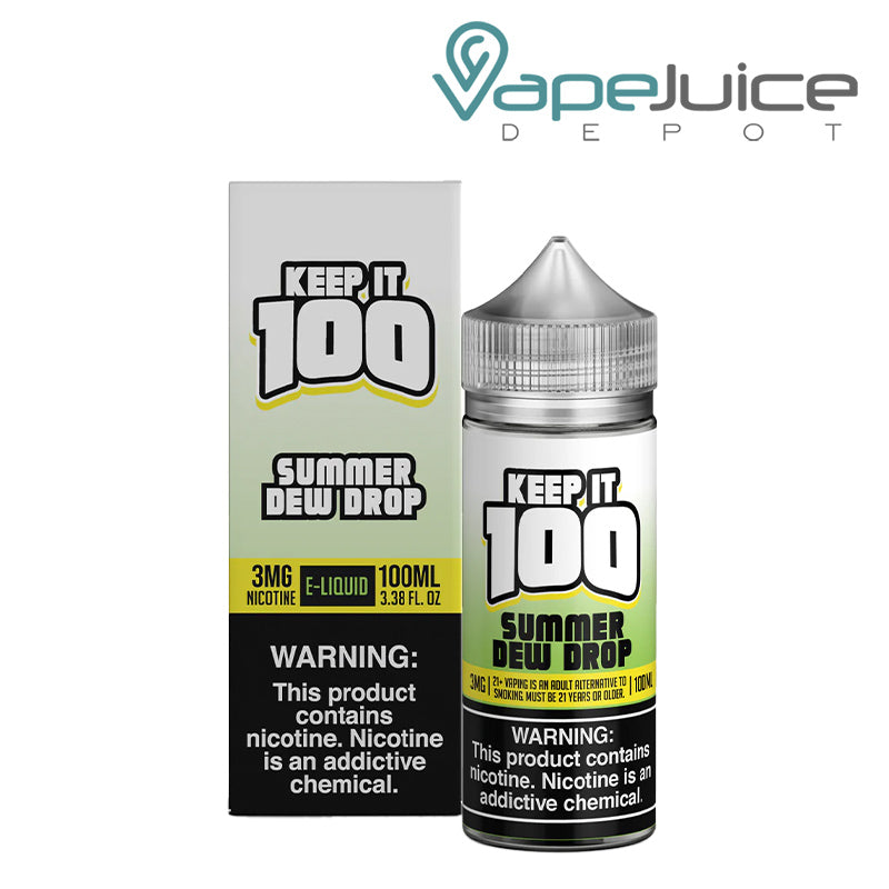 A Box of Summer Dew Drop Keep it 100 TFN eLiquid  with a warning sign next to its 100ml bottle - Vape Juice Depot