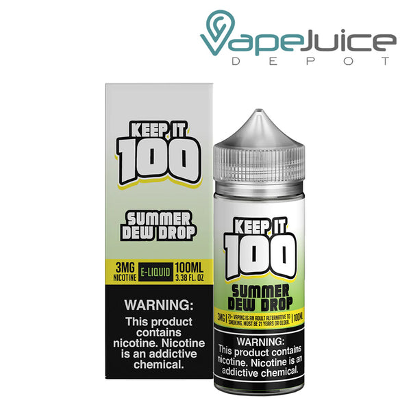 A box of Summer Dew Drop Keep it 100 TFN eLiquid with a warning sign and a 100ml bottle next to it - Vape Juice Depot