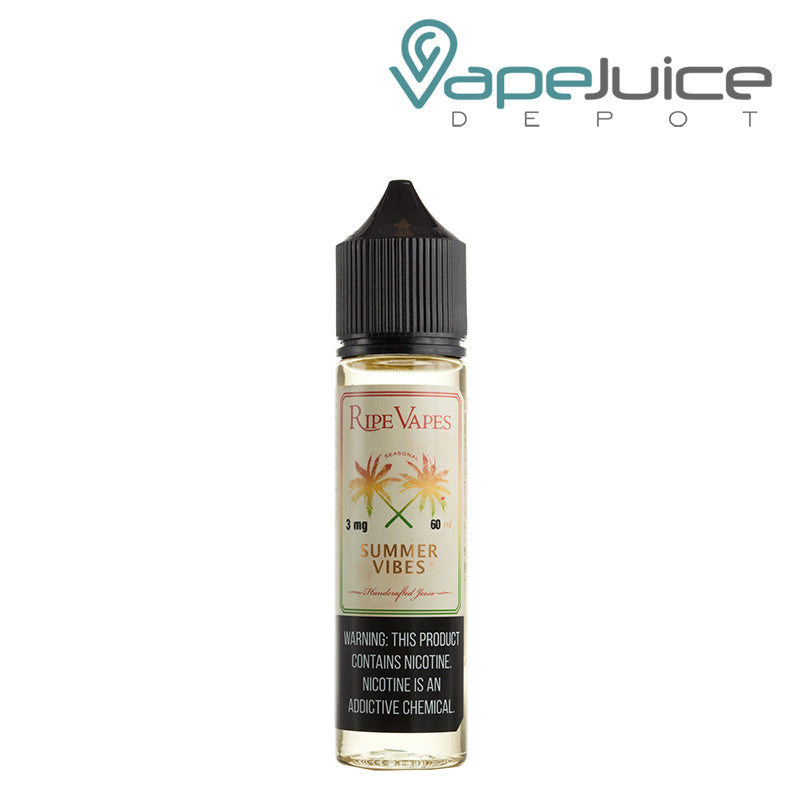 A 60ml bottle of Summer Vibes Ripe Vapes eLiquid with a warning sign - Vape Juice Depot