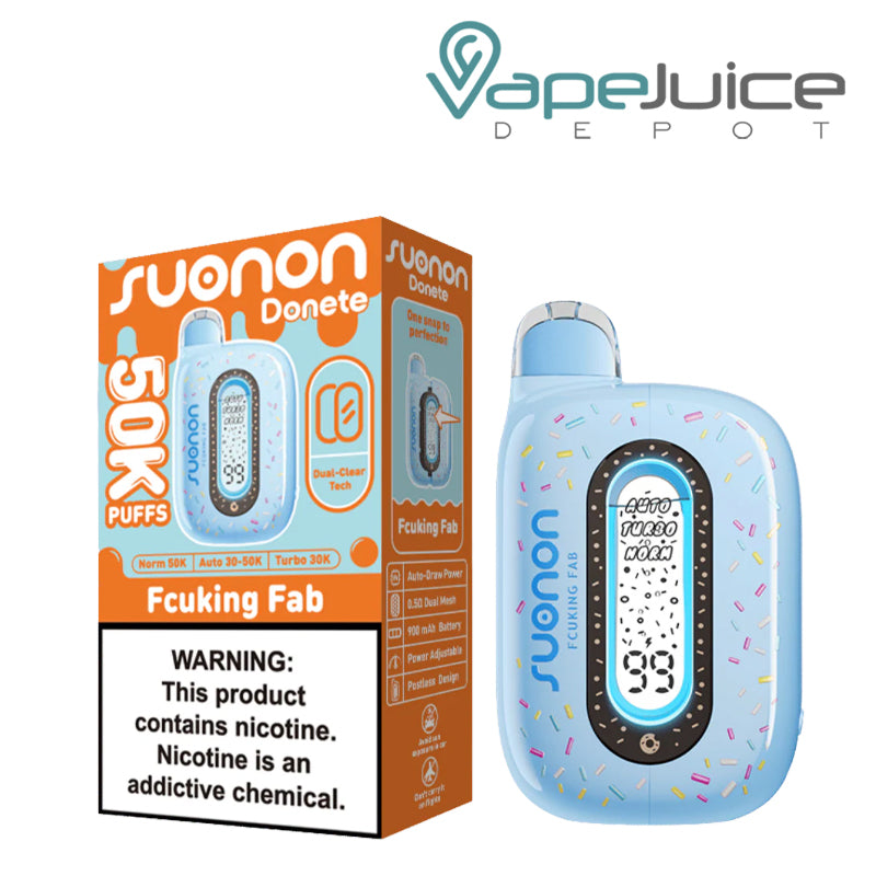 A Box of Fcuking Fab Suonon Donete 50K Disposable with a warning sign and a device with a display screen next to it - Vape Juice Depot