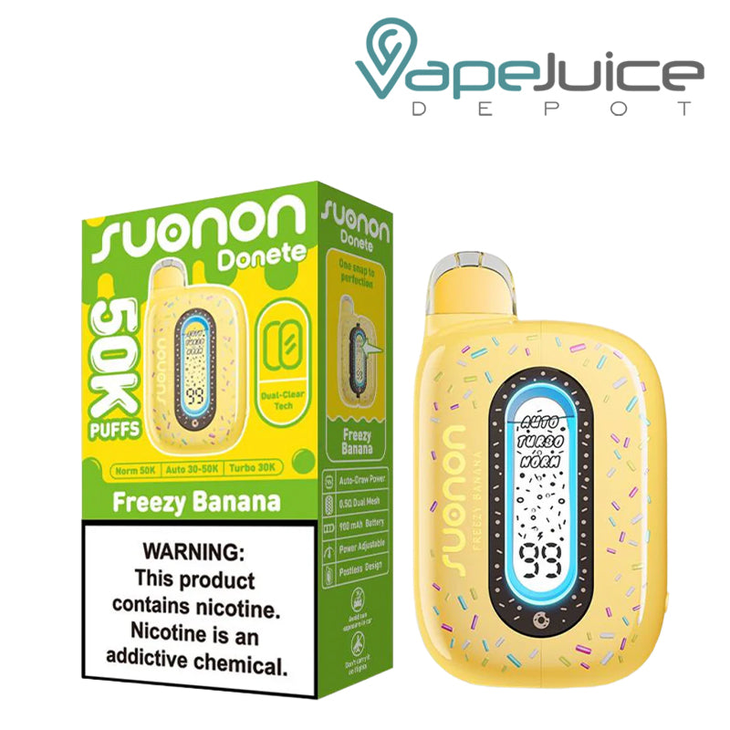 A Box of Freezy Banana Suonon Donete 50K Disposable with a warning sign and a device with a display screen next to it - Vape Juice Depot