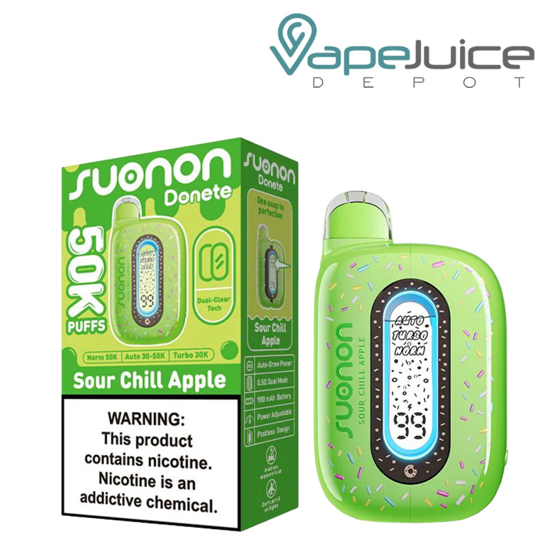 A Box of Sour Chill Apple Suonon Donete 50K Disposable with a warning sign and a device with a display screen next to it - Vape Juice Depot
