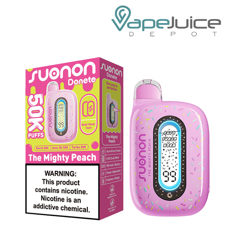 A Box of The Mighty Peach Suonon Donete 50K Disposable with a warning sign and a device with a display screen next to it - Vape Juice Depot