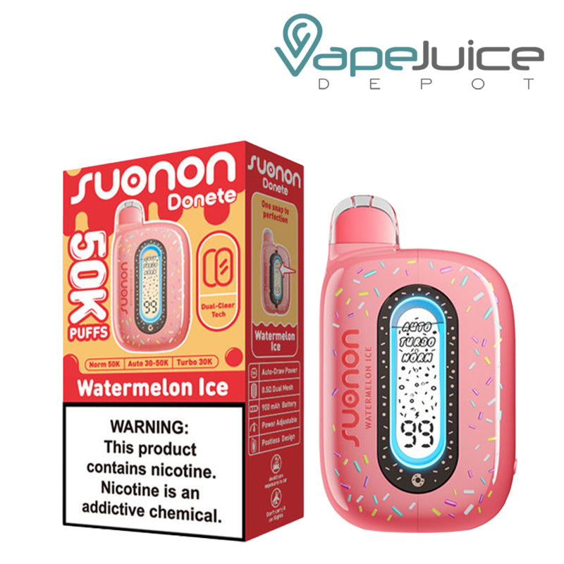 A Box of Watermelon Ice Suonon Donete 50K Disposable with a warning sign and a device with a display screen next to it - Vape Juice Depot