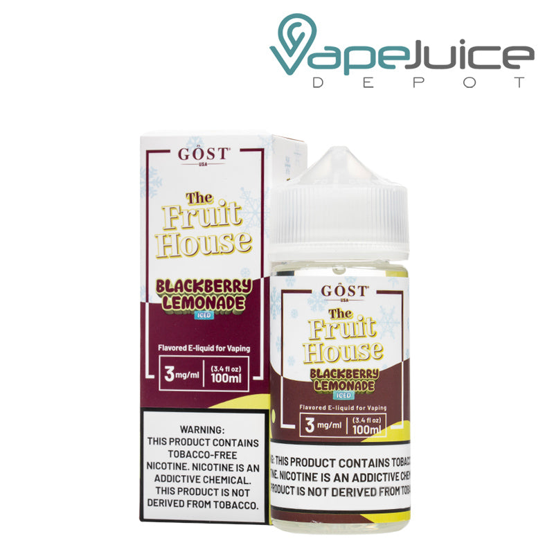 A box of Super Blackberry Lemonade Ice The Fruit House TFN with a warning sign and a 100ml bottle next to it - Vape Juice Depot