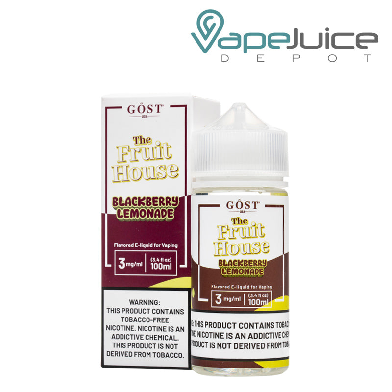 A box of Super Blackberry Lemonade The Fruit House TFN with a warning sign and a 100ml bottle next to it - Vape Juice Depot